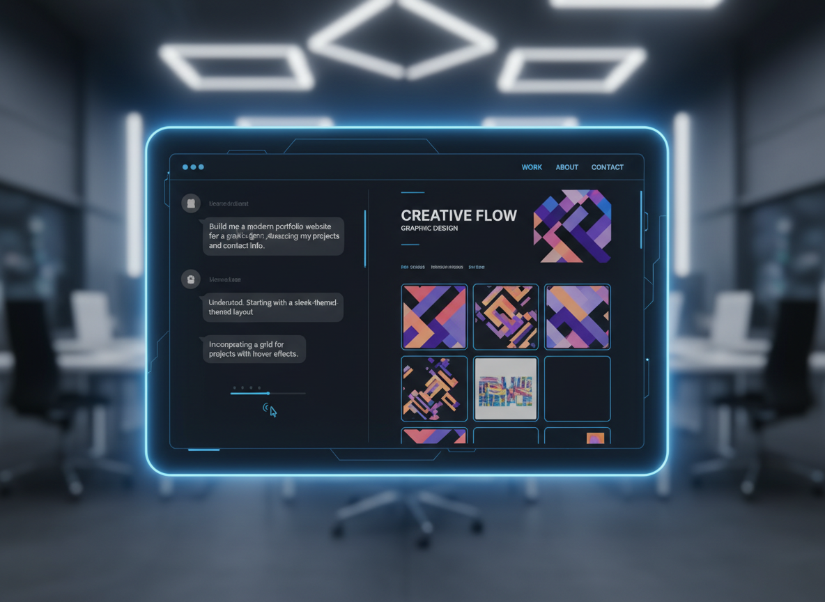 A sleek modern web application interface showing an AI chat assistant building a website in real time, with a split s...