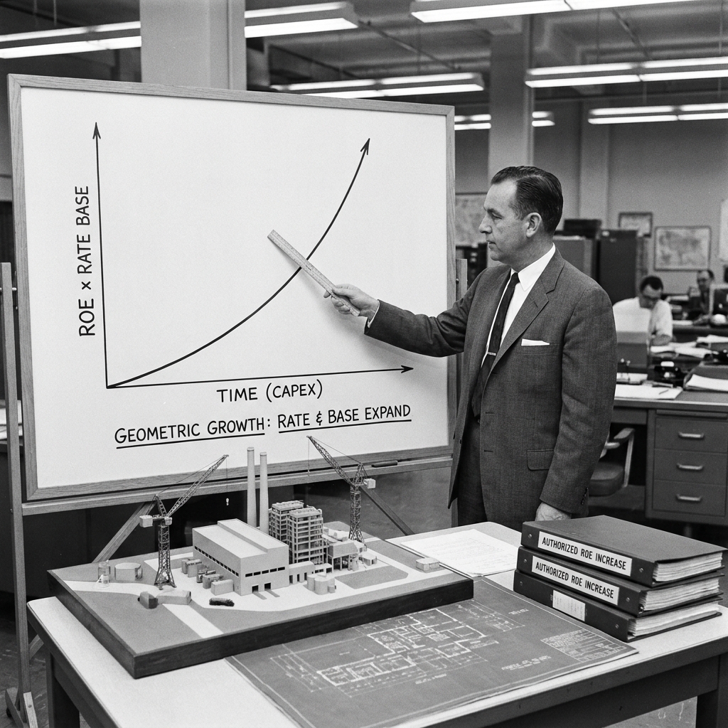 An image to suppport: "A higher authorized ROE on a growing rate base does not compound linearly. It compounds geometrically: the rate increases, and the base it is applied to is simultaneously expanding under the weight of the region's capex cycle."