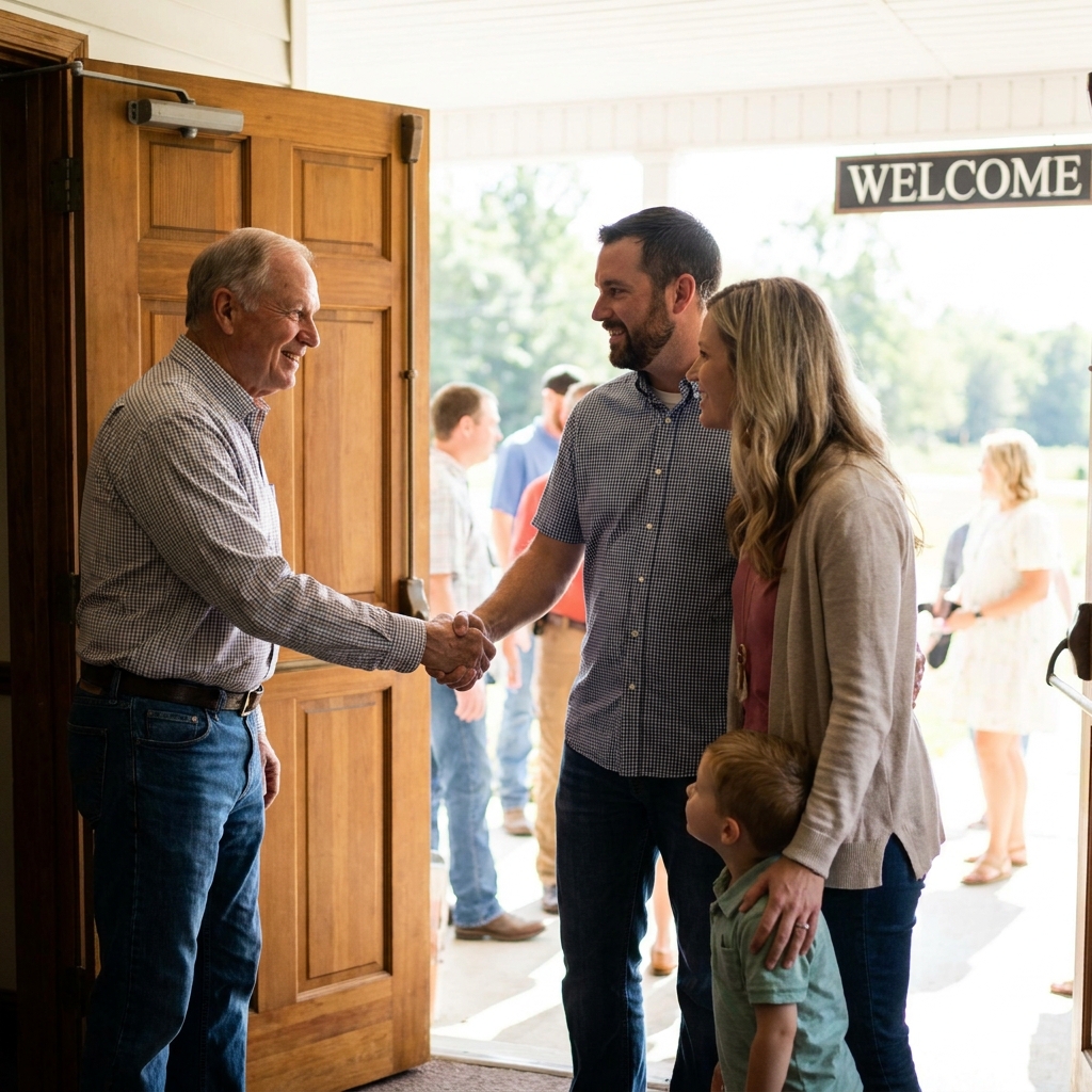 A greeter warmly welcoming a visiting family at the door of a Tennessee church on a sunny Sunday morning, handshakes and smiles, shallow depth of field, candid documentary style, photorealistic. No text. caucasian.