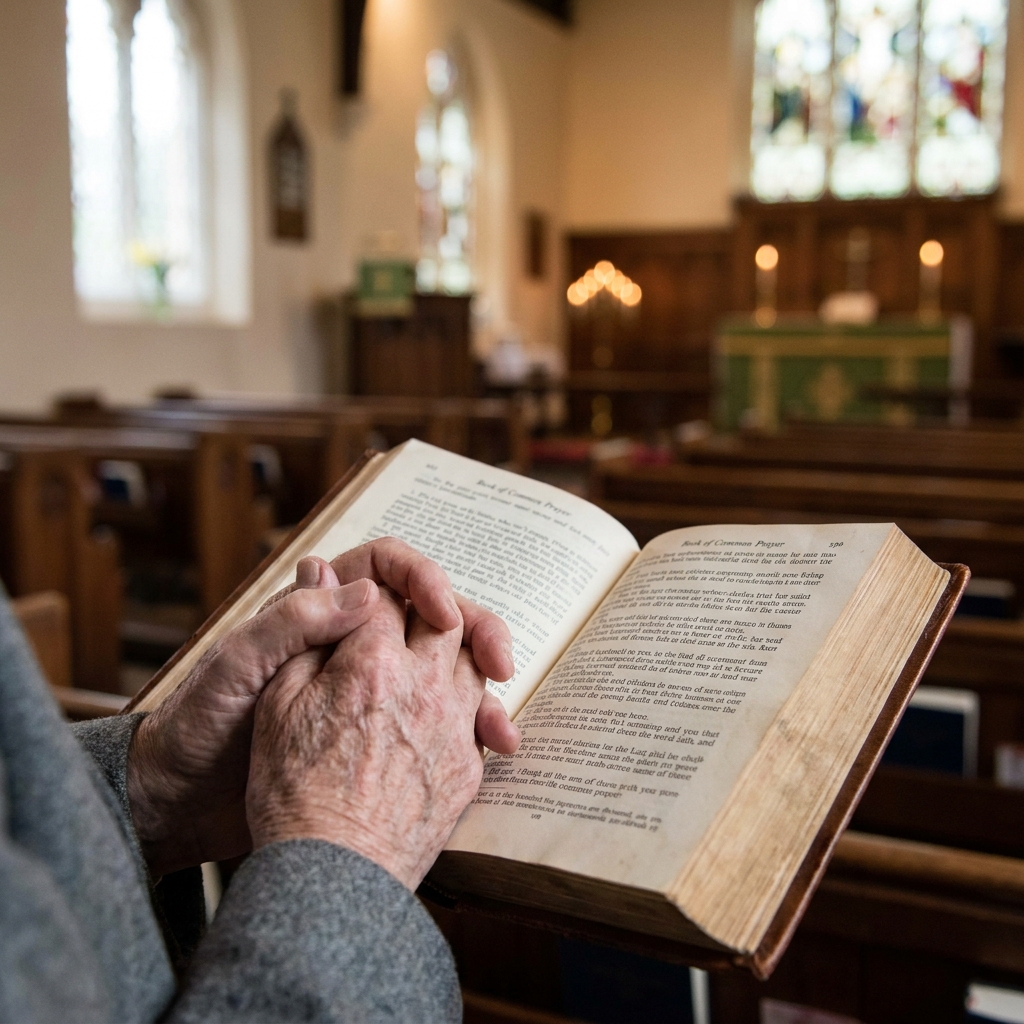 Close-up of hands holding an open Book of Common Prayer with soft window light, a welcoming church interior blurred in the background, contemplative and inviting, photorealistic