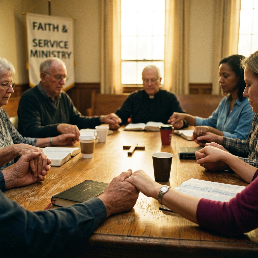 Hands of many ages joined together in a circle over a wooden table at a church ministry meeting, symbolizing community and service, soft warm lighting, photorealistic