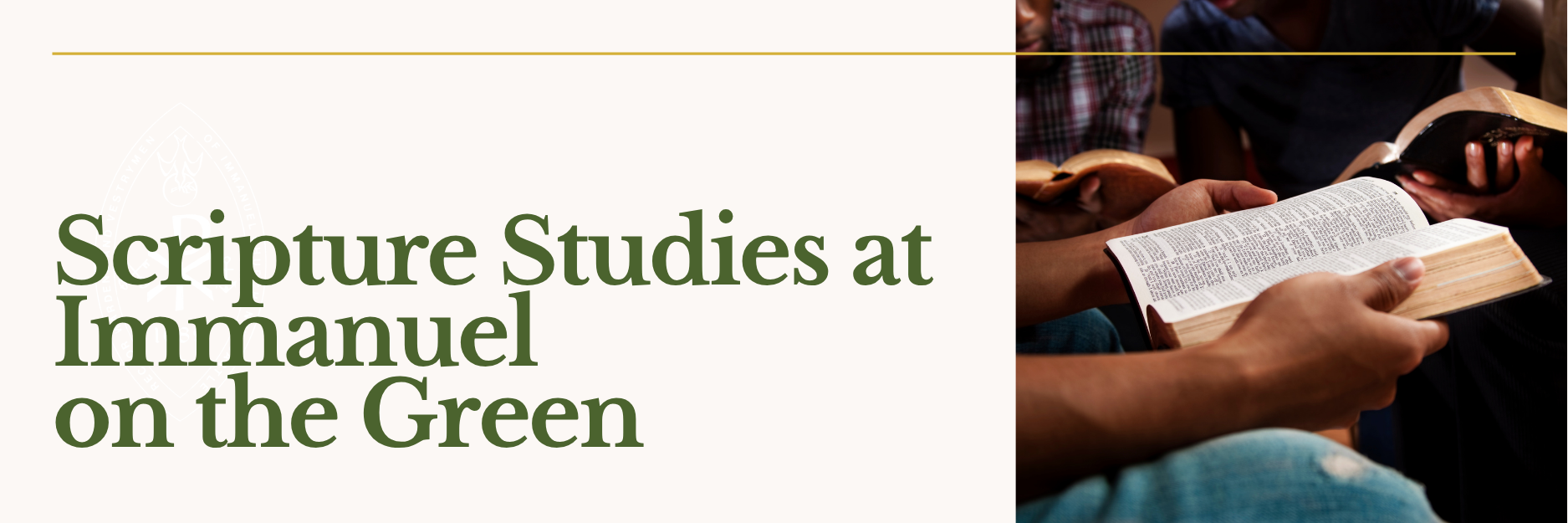 Header image titled 'Scripture Studies at Immanuel on the Green' and featuring a photograph of a Bible Study.