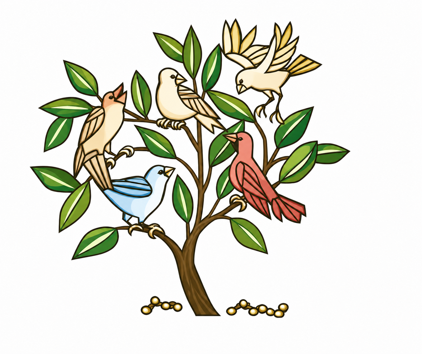 Colorful Birds In A Leafy Tree