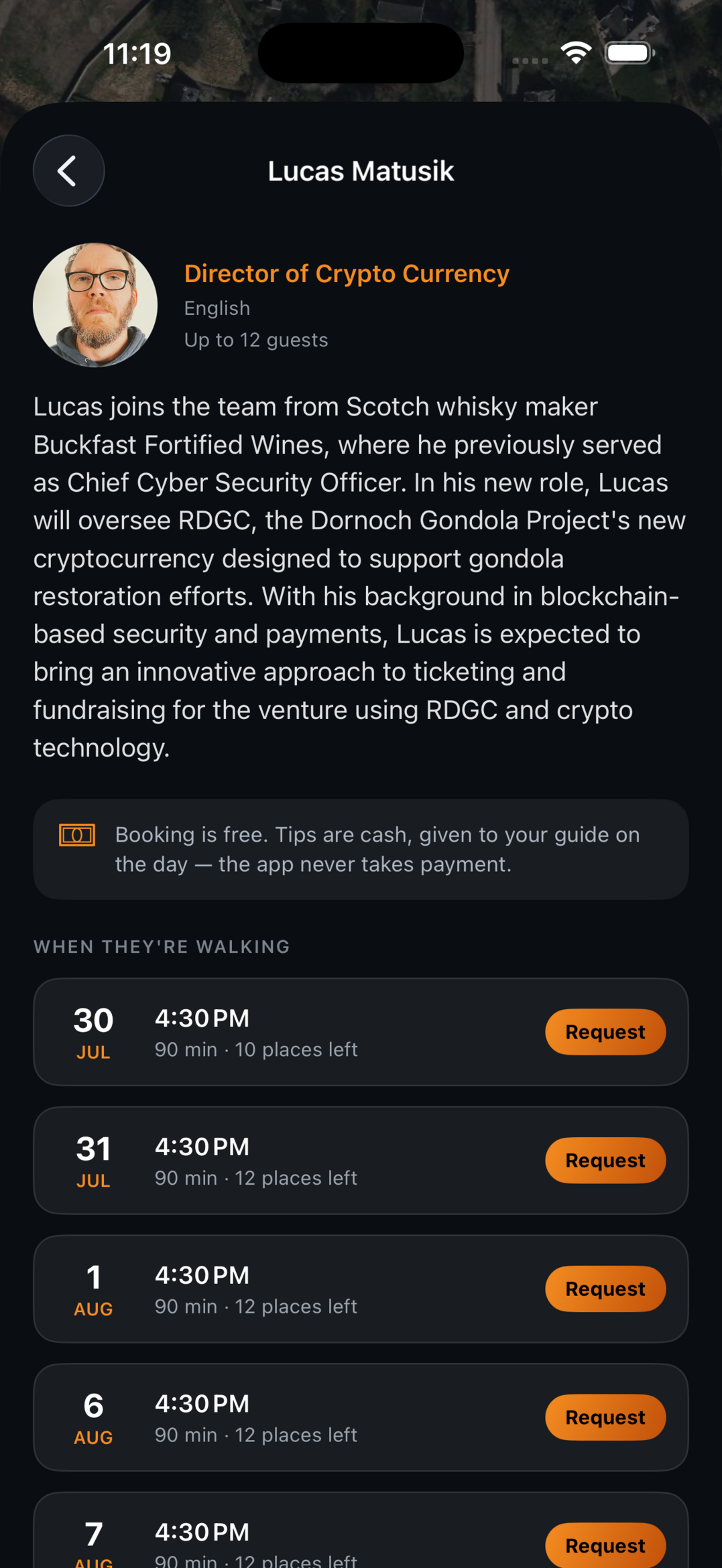 Dornoch Tours app schedule screen