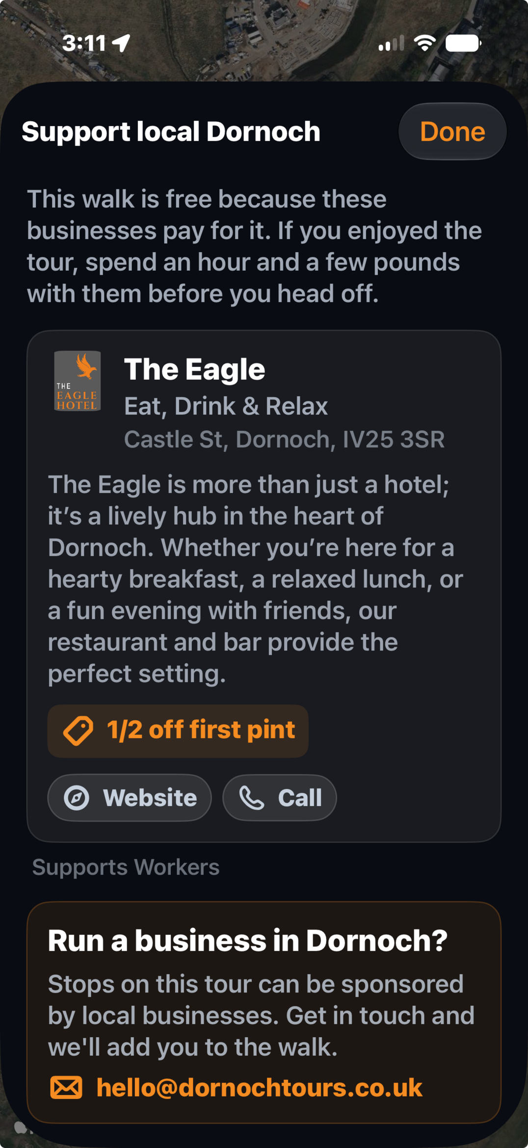 Example of a sponsored local business inside the Dornoch Tours app