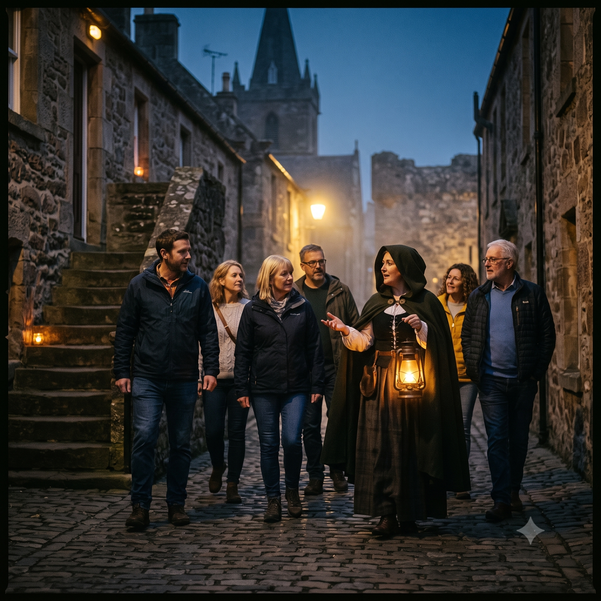 Visitors walking with a guide through Dornoch at night