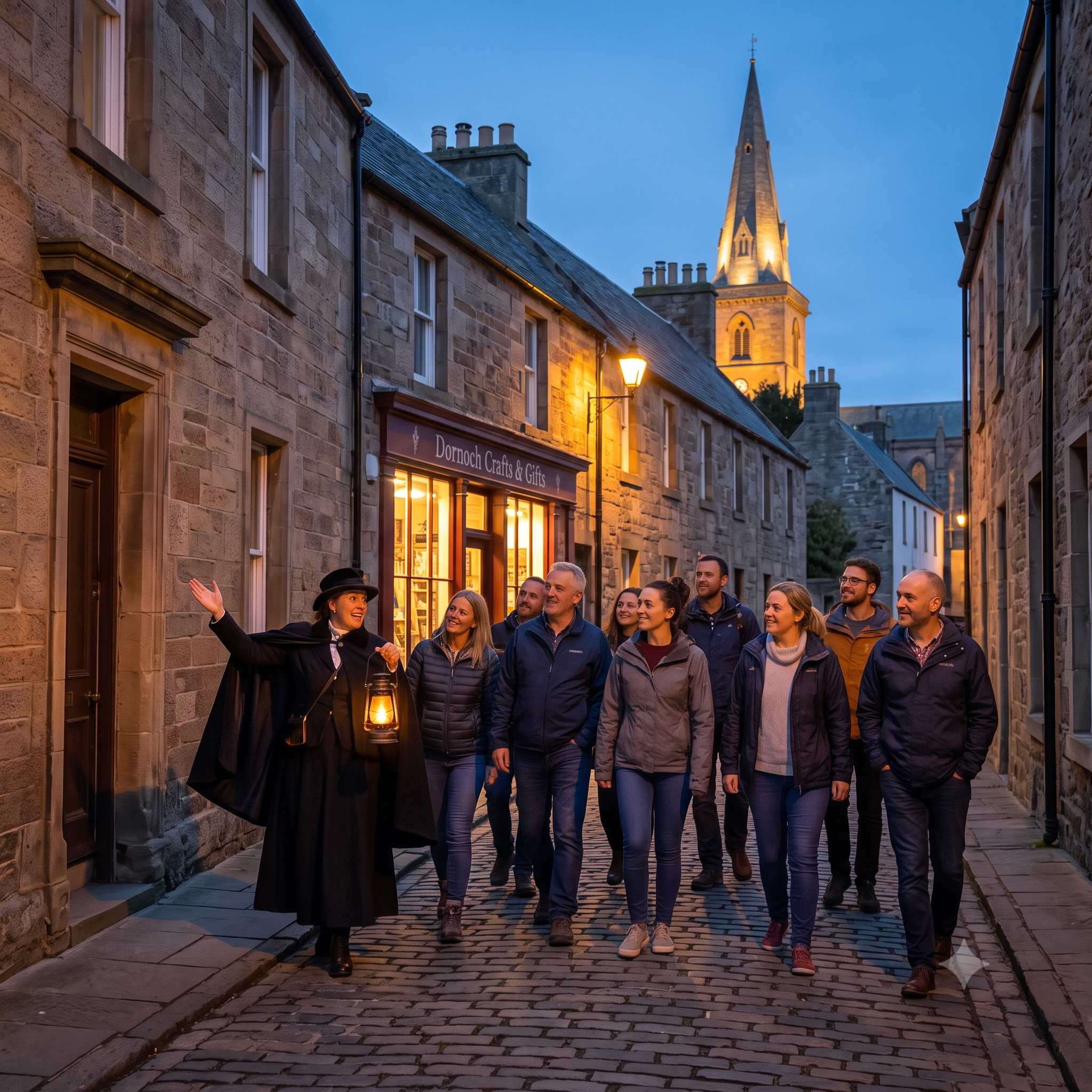 A guide leading visitors through historic Dornoch