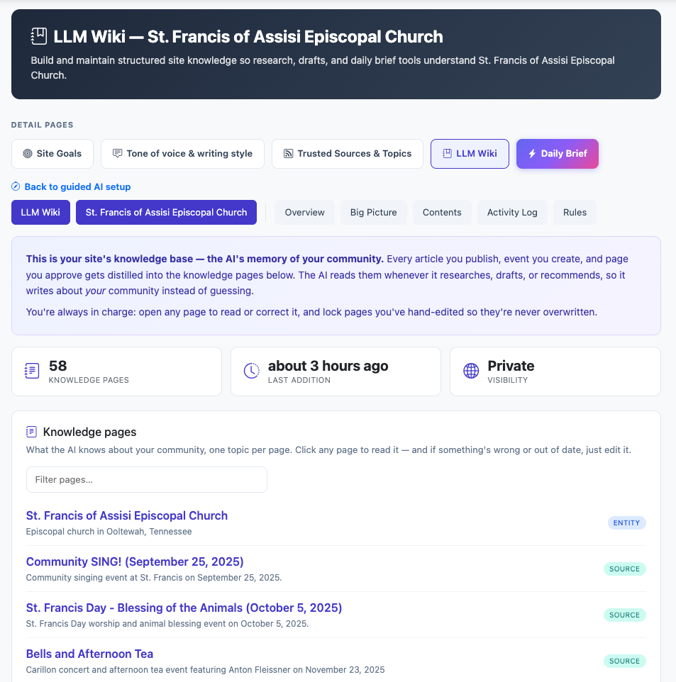 Digital Faith private LLM Wiki with church knowledge pages and activity details