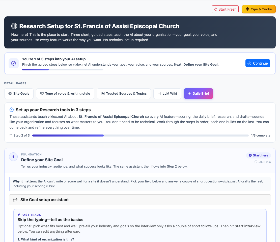 Digital Faith guided AI setup for church goals, voice, trusted sources, and Daily Brief
