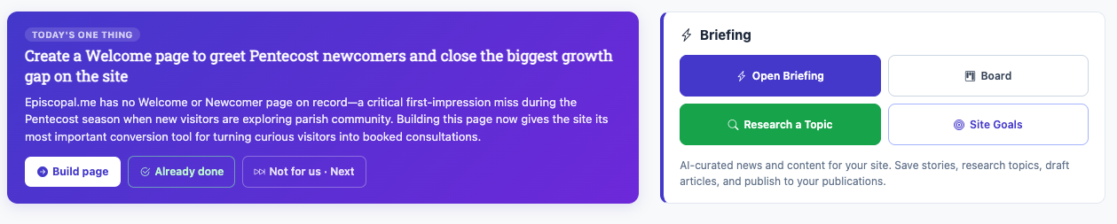 Digital Faith briefing tools with a recommended action, research, board, and site goals