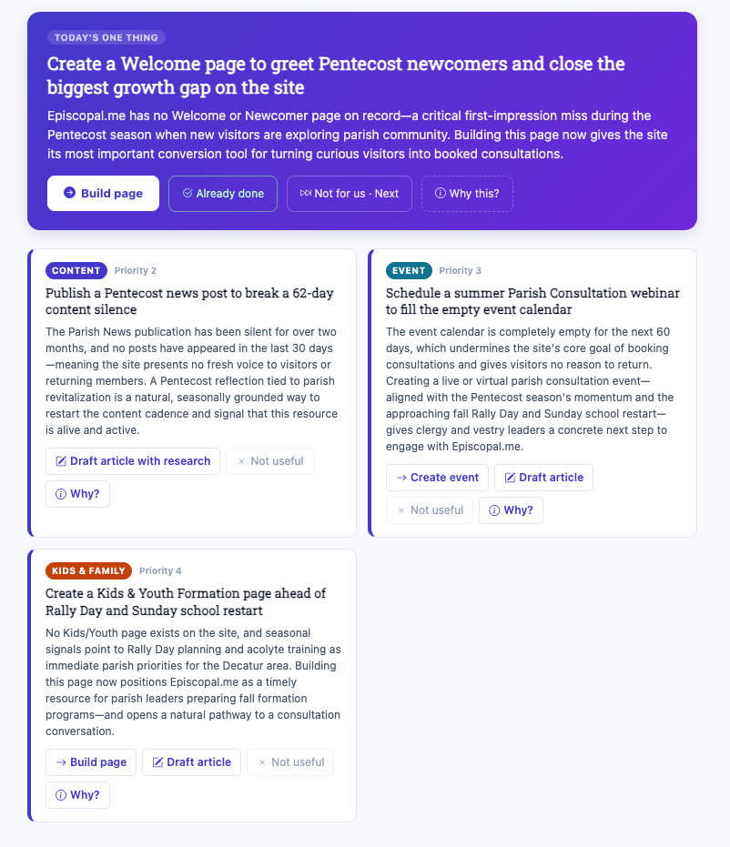 Digital Faith Daily Brief recommending timely pages, articles, and events