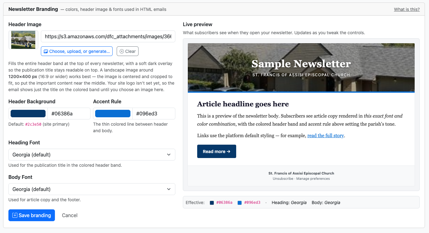 Digital Faith branded church newsletter editor