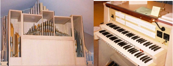The memorial pipe organ and its console.