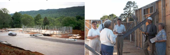 Construction of the new St. Francis church building and a gathering at the construction site.