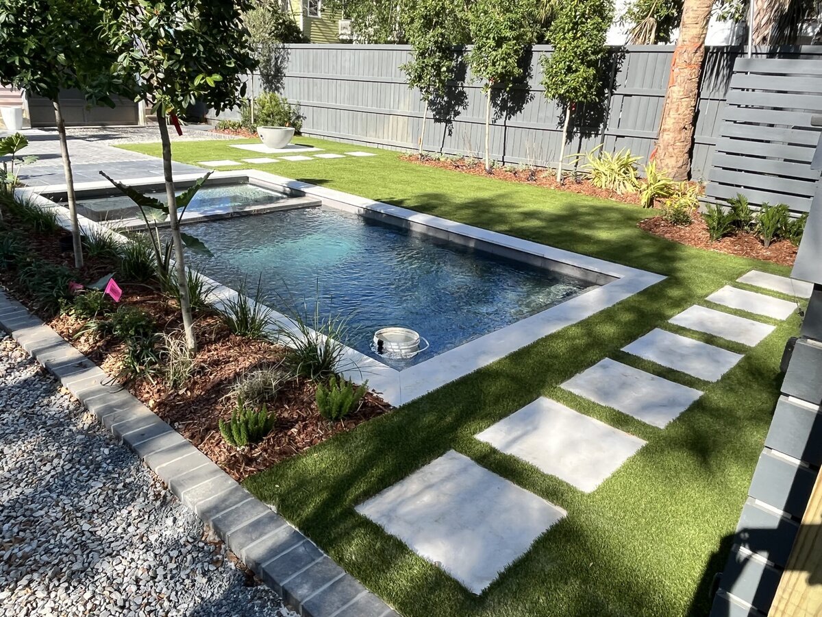 Backyard Artificial Turf with Pool and Steps Charleston