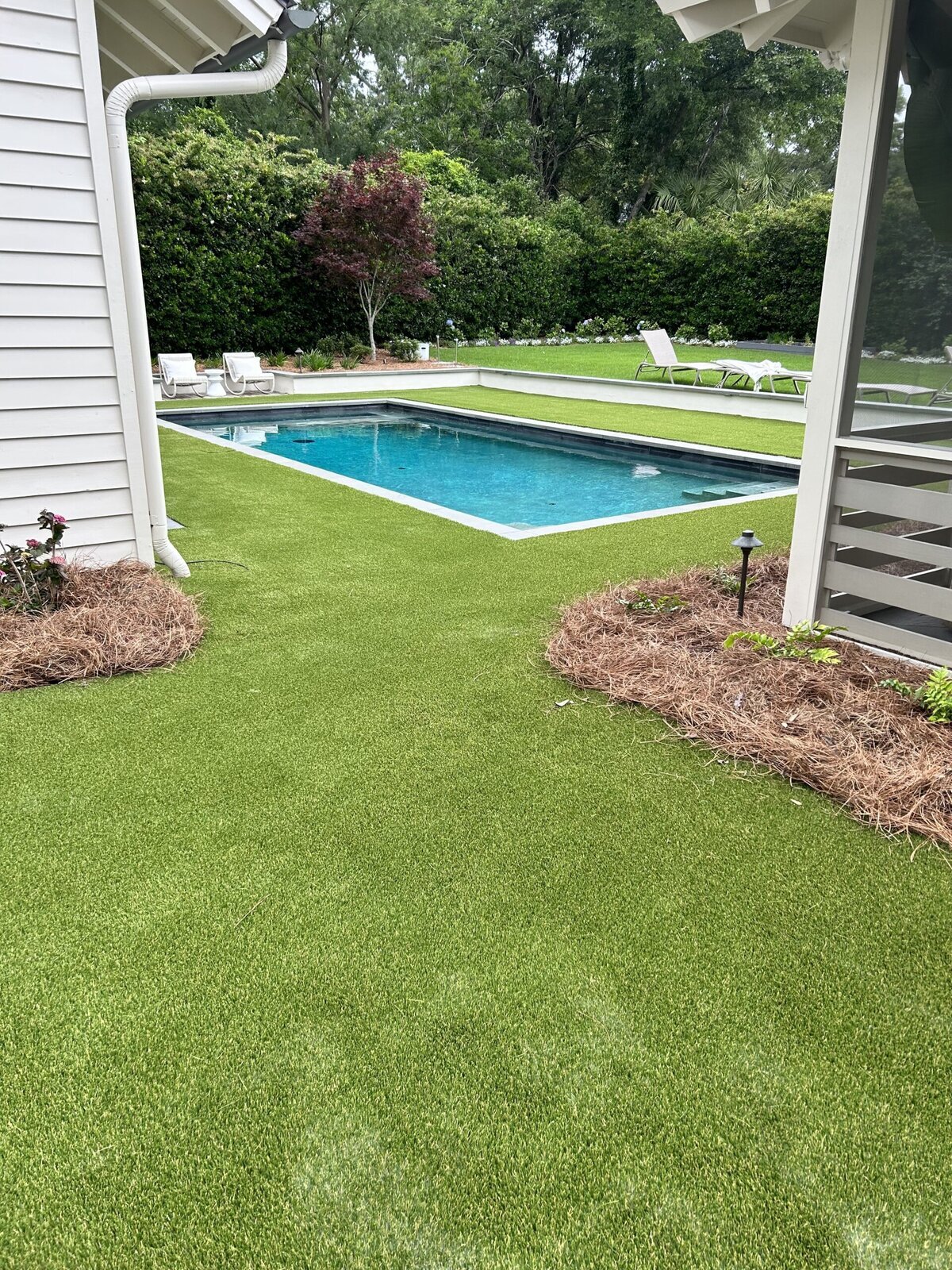 Beautiful Backyard Synthetic Grass Around Pool Charleston