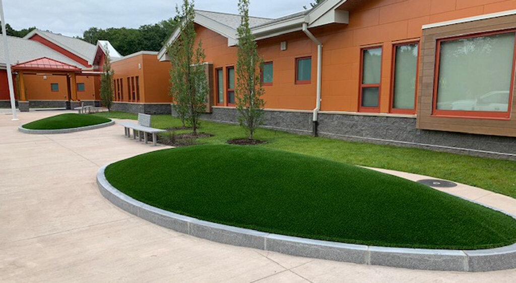 School entrance synthetic grass