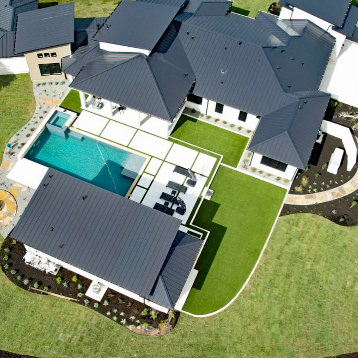 Austin Artificial Grass Lawn from Drone Around Pool
