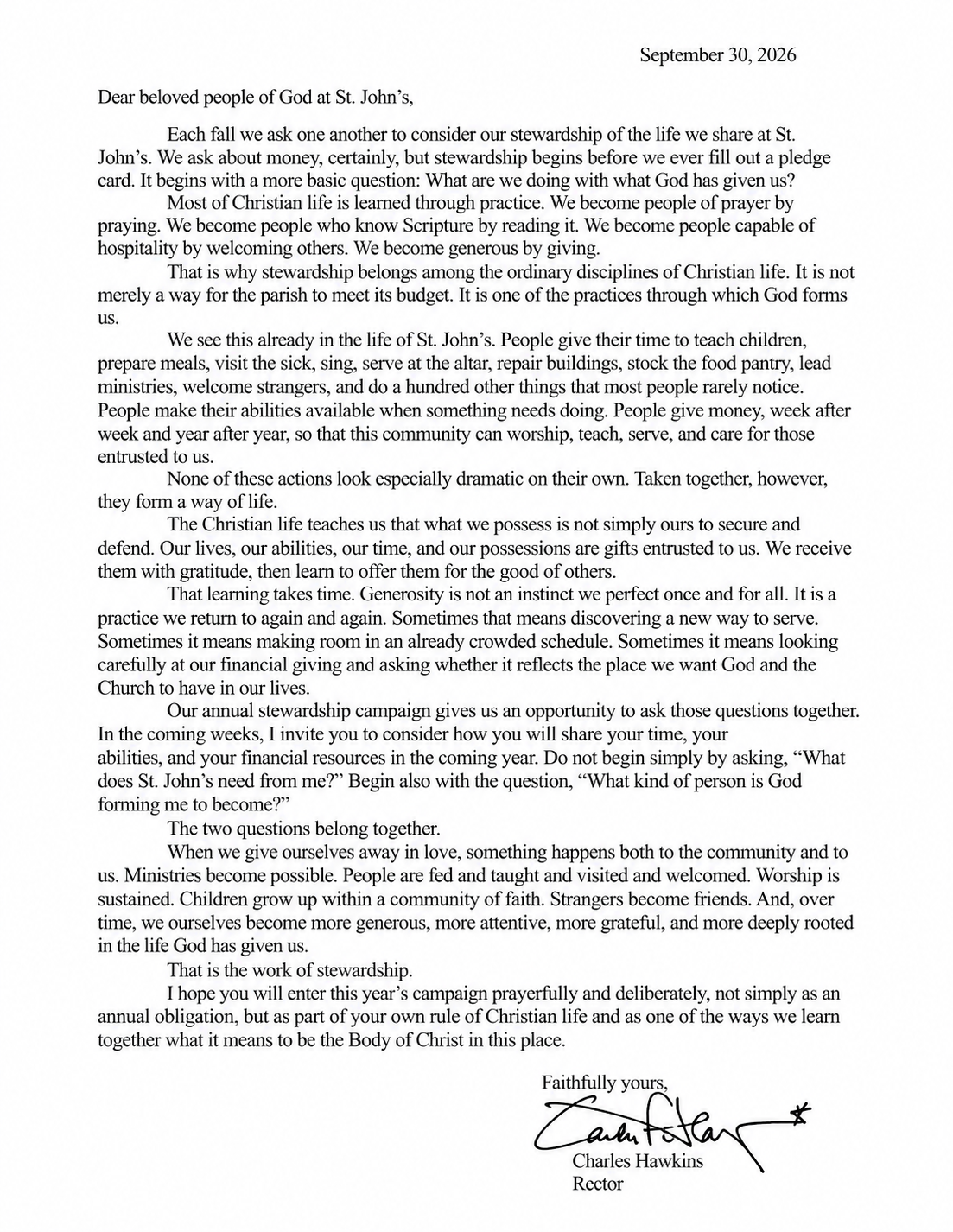 St. John&rsquo;S Stewardship Letter