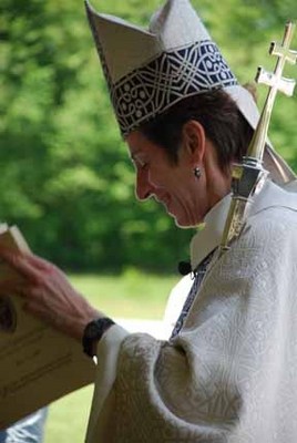 Presiding Bishop Katharine Jefferts Schori at the "Tent Meeting Episcopal Style" outside the tent  on the front lawn of the All Saints' Conference Center