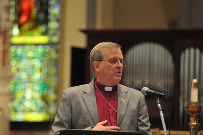 Bishop Ted Gulick addresses the pilgrims at Christ Church Cathedral