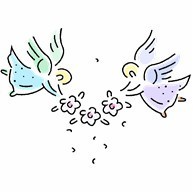 Graphic art of angels bearing flowers