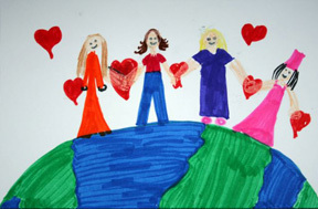 Postcard picturing colorfully dressed people on the world holding hands 
