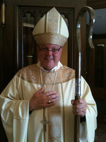 Bishop White on day of seating at catheral in miter and with crosier