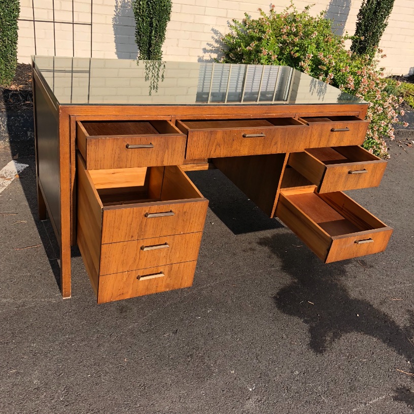 Vintage MidCentury Modern MCM Oak Sligh Furniture Wood Desk w/ Glass