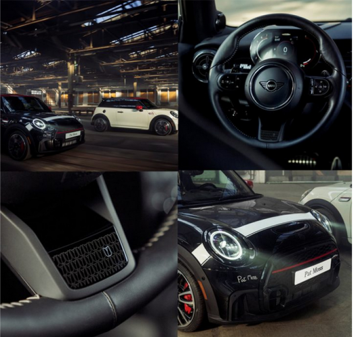 Four images of the MINI Pat Moss Edition including two that are driving in an urban setting (one in Midnight Black Metallic and one in Pepper White), a driver’s seat view of the NappaLeather Steering Wheel and dashboard, a close-up view of detailed finish on the NappaLeather Steering Wheel, and a view of the Exclusive Horizontal Bonnet Stripe on a Midnight Black Metallic model.