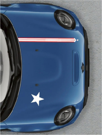 Overhead view of the hood of an Island Blue MINI 20 Years Edition Hardtop 4 Door Cooper S.
