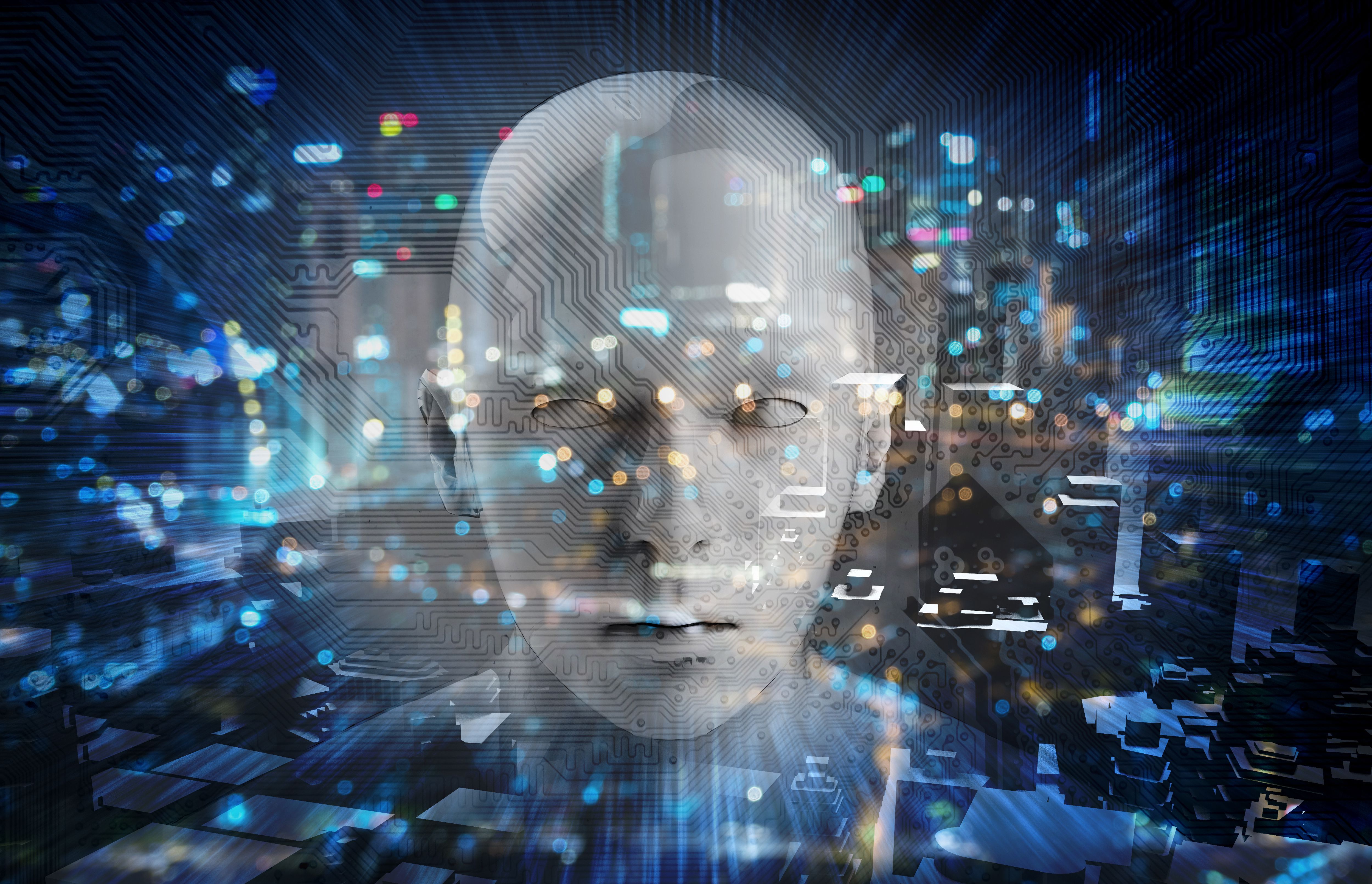 A 3-D rendering of a robot face against a dark abstract background of blue bokeh lights and buildings.