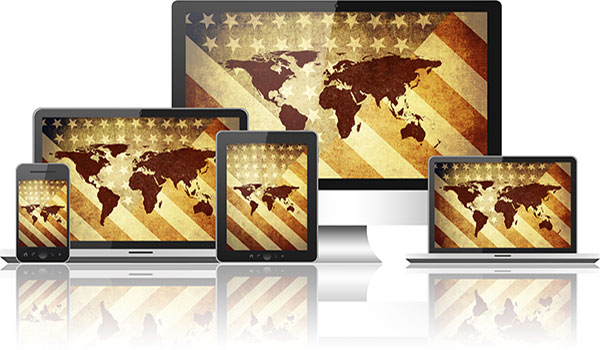 American flag and global continents on various devices; mobile phone, tablet, desktop computer, notebook