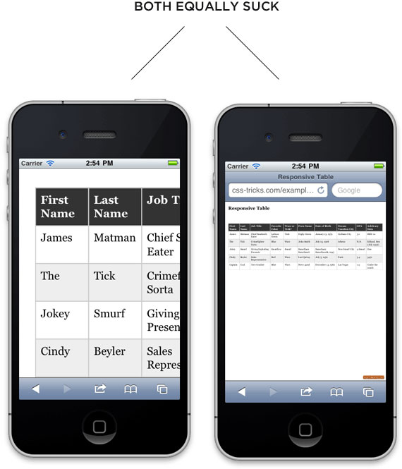 Two smartphones displaying a table, one with just a few cells visible, the other has an entire table but too small to read on a phone. Above both is a line of black text that reads, Both Equally Suck.