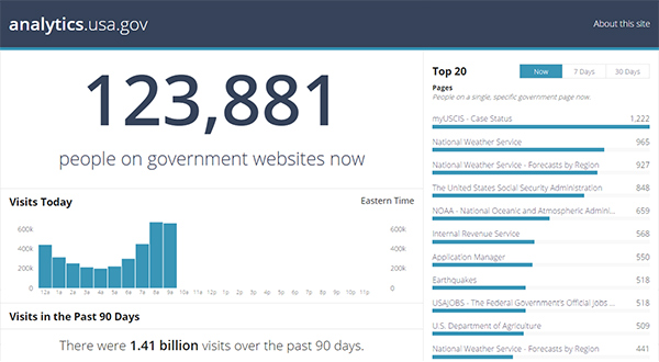 A screencapture of the anaylytics.usa.gov dashboard on August 14, 2015