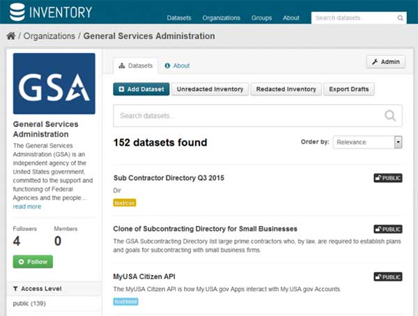 Screen capture of 153 datasets found for GSA