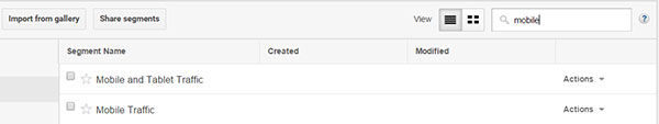 The word 'mobile' is in the search box, and 2 segments with that word are displayed; Mobile and Tablet Traffic, and Mobile Traffic.