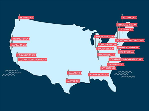 Data visualization map of continental U.S. police departments participating in the white house police data initiative.