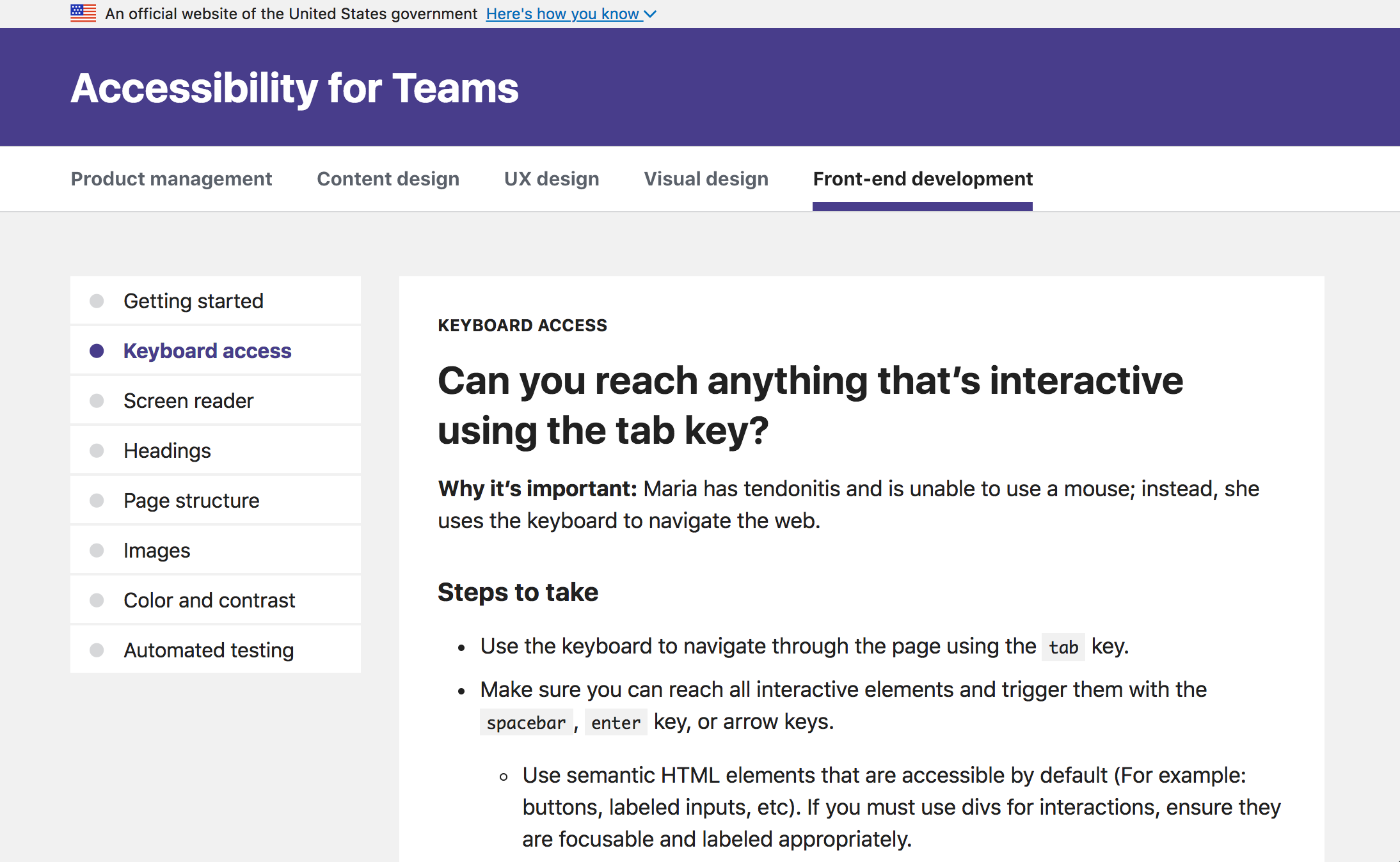 A screen capture of the keyboard access page.