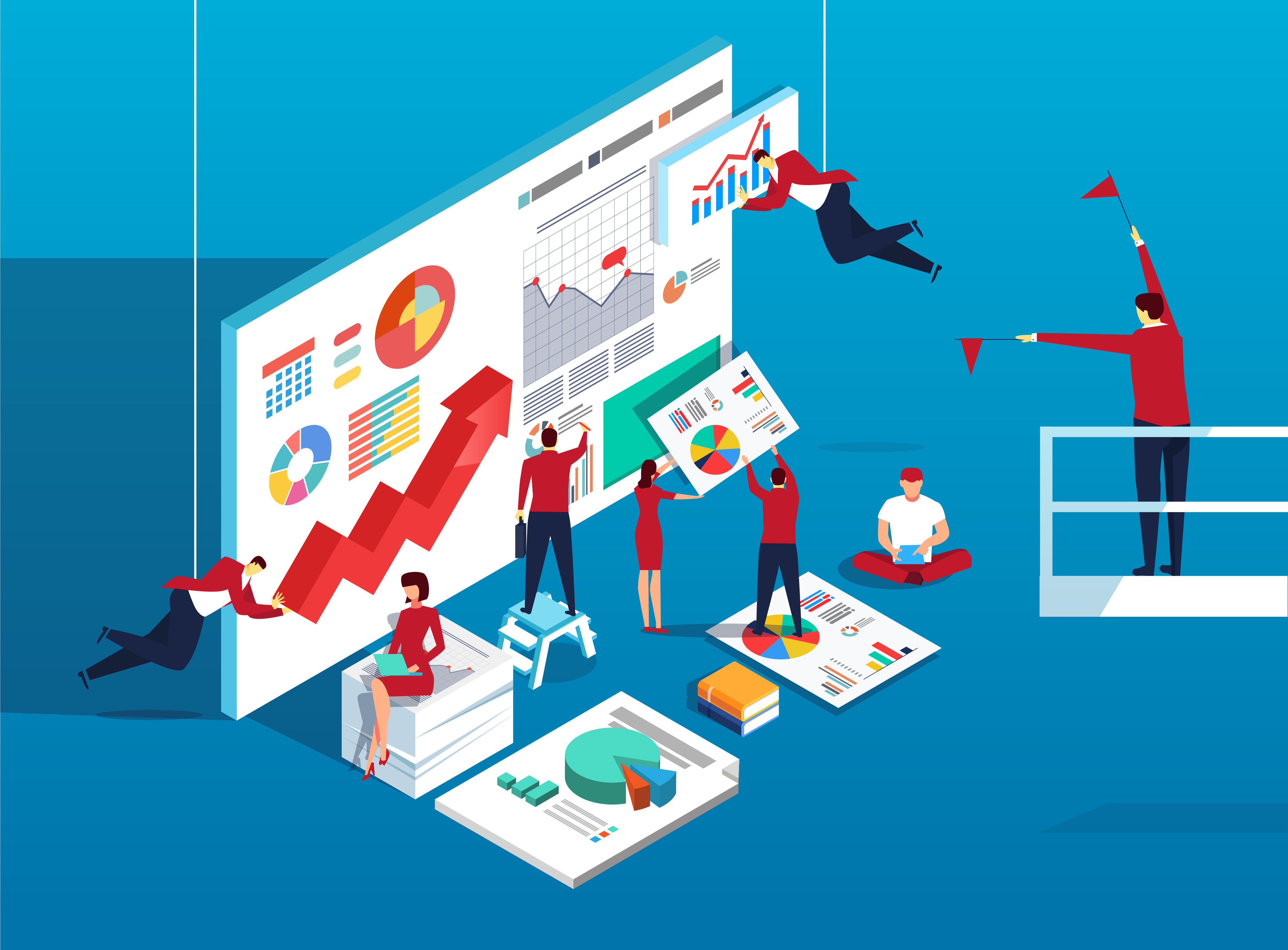 An illustration of a team of figures working on analytics reports.