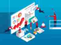 An illustration of a team of figures working on analytics reports.