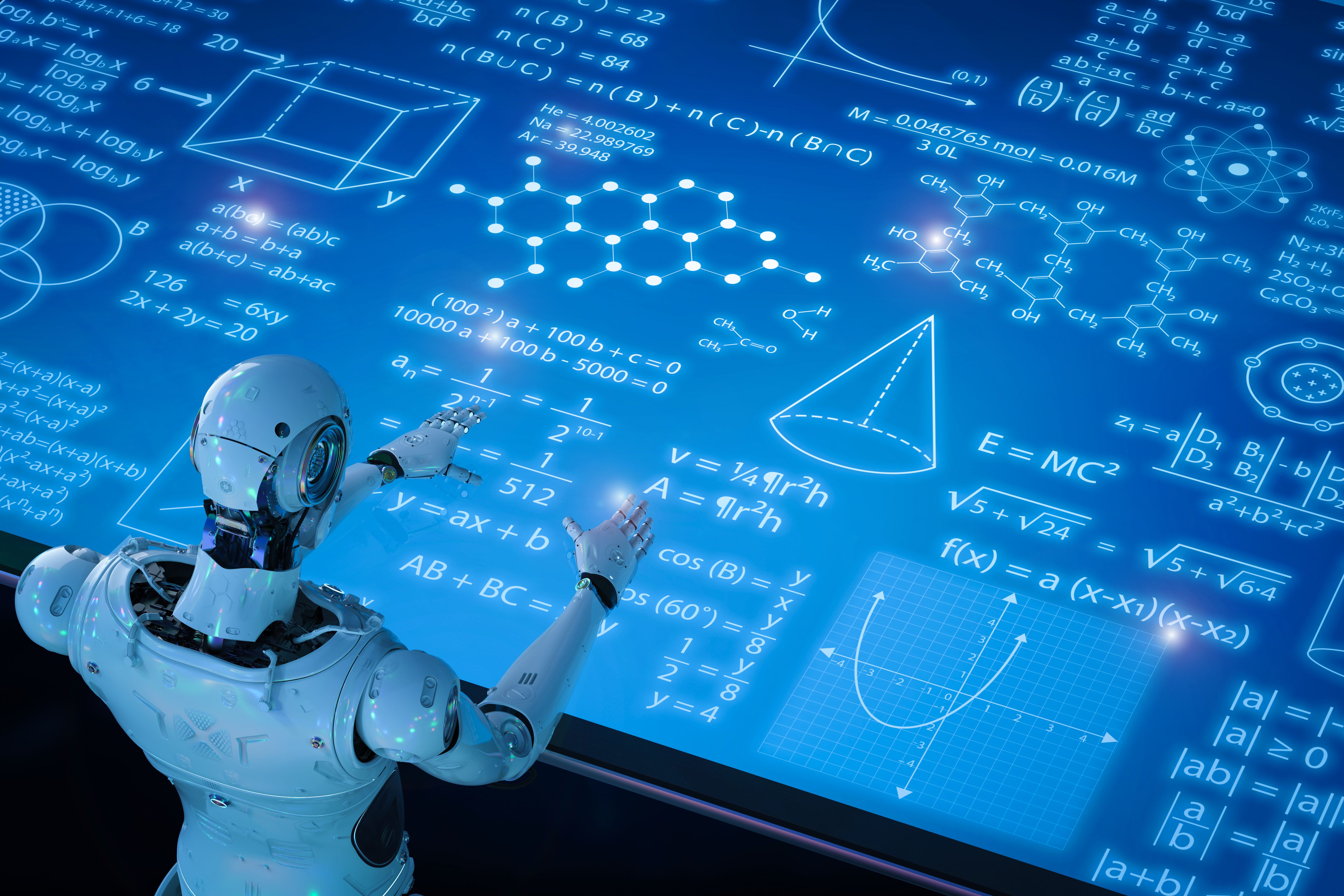 3D rendering of a robot learning on an education HUD (head-up display) interface with mathematical and chemical equations.