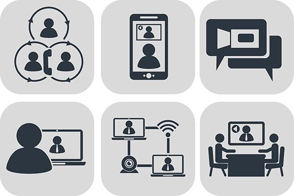 Six icons showing different types of video conferencing.