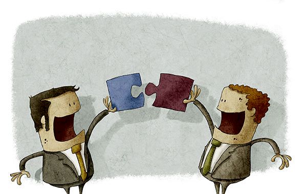 Illustration of two excited business people collaborate with puzzle pieces.
