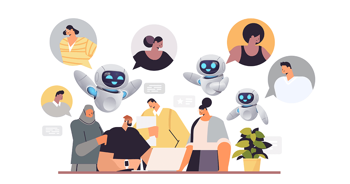 An illustration shows a diverse group of people talking with 3 chat bots in an office.