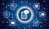 Chatbot technology concept on electric circuit background surrounded by related AI and chat icons