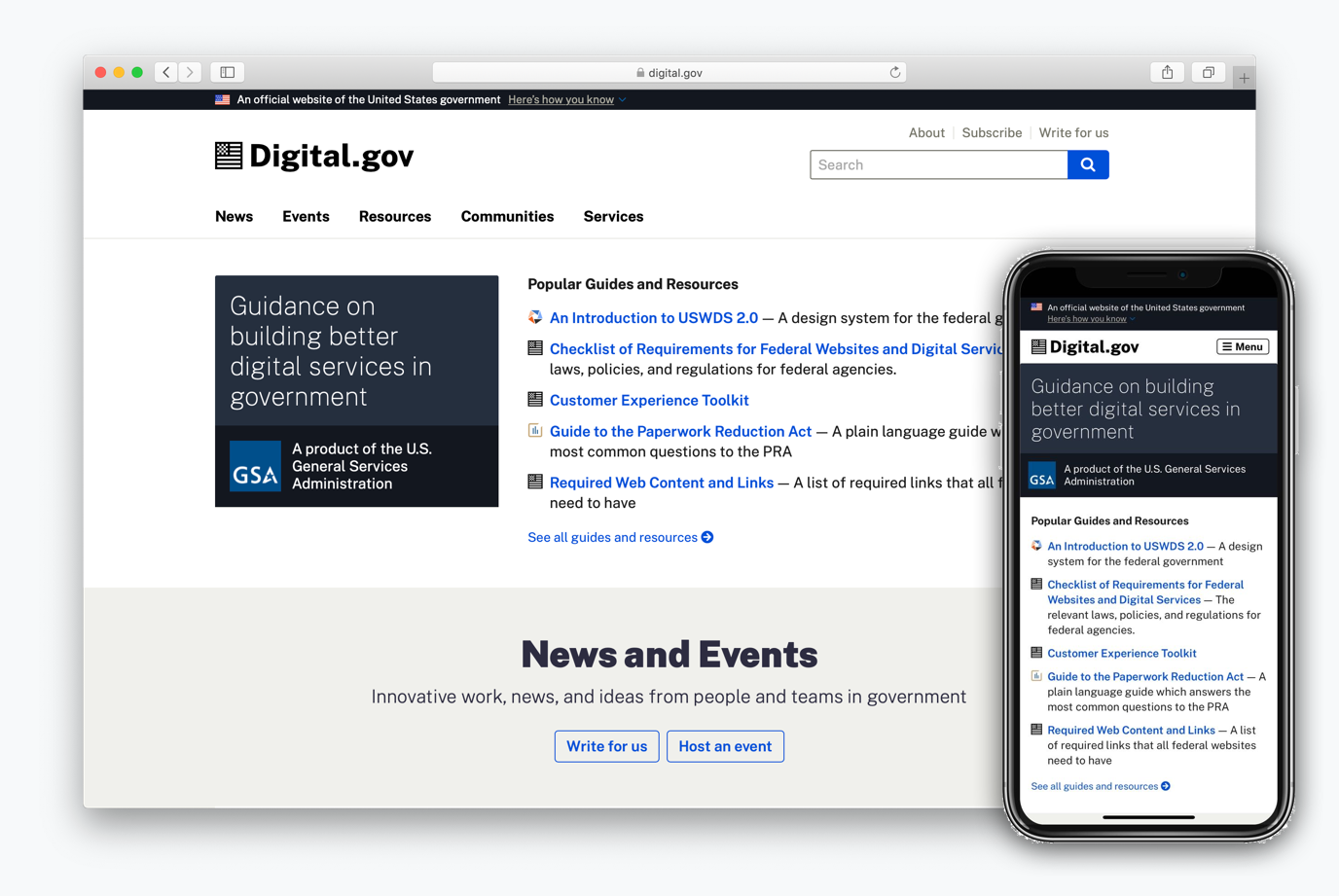 Overlapping screenshots of the new Digital.gov homepage, one on a mobile device, the other on the desktop.