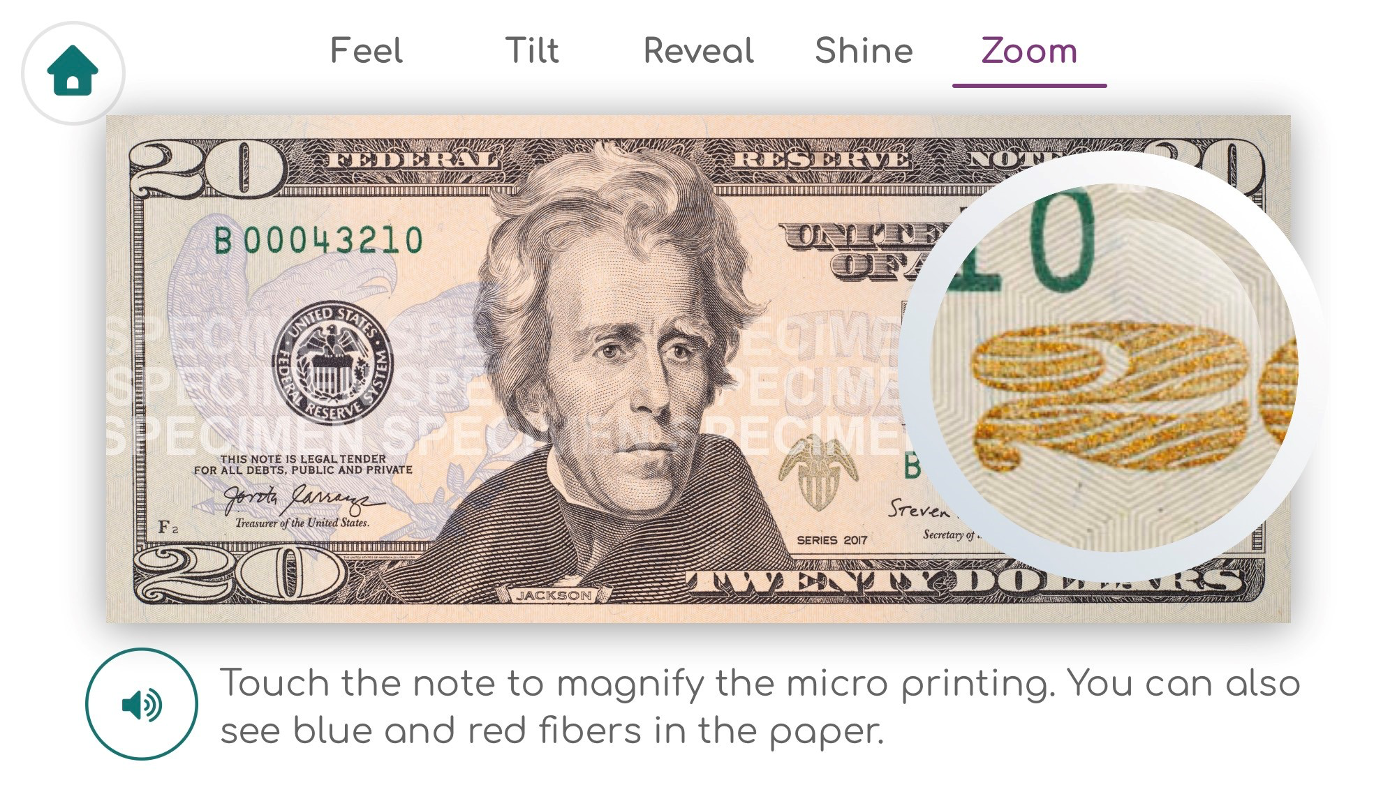 A screen capture of the zoom feature in use on the app. It shows the front of a 20 dollar bill, with a circle around a small part of the bill that shows a detailed closeup of that section.