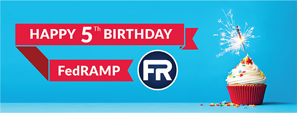 Banner graphic for FedRAMP's 5th birthday. On the left, it has Happy 5th Birthday FedRAMP in white text on a red red ribbon. On the right is a cupcake with white frosting, multi-colored sprinkles, and a lit sparkler (instead of a candle).