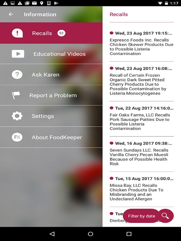 A mobile tablet displays a Food Recall list in the USDA FoodKeeper app.